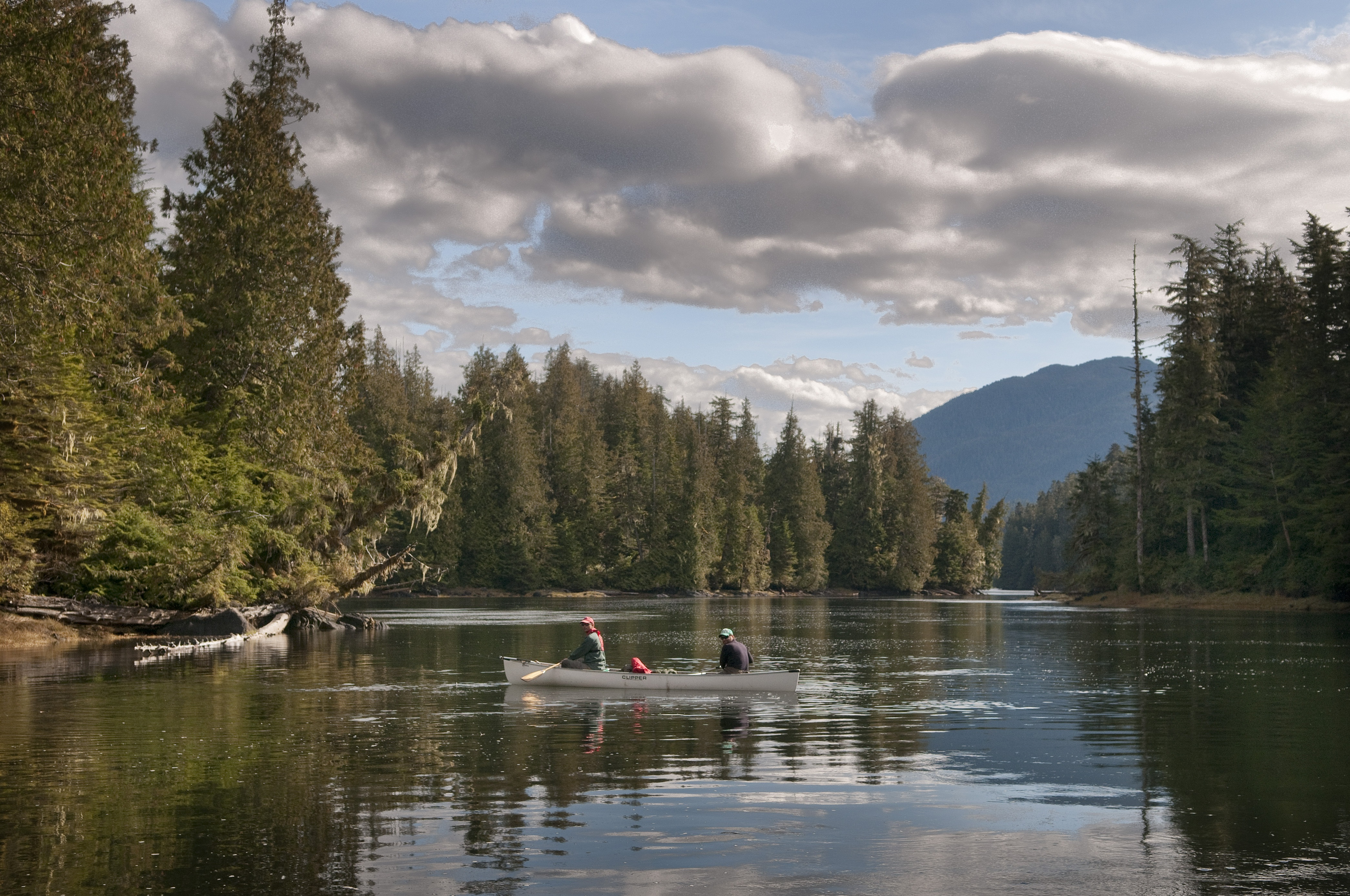 Two people canoeing on a river.